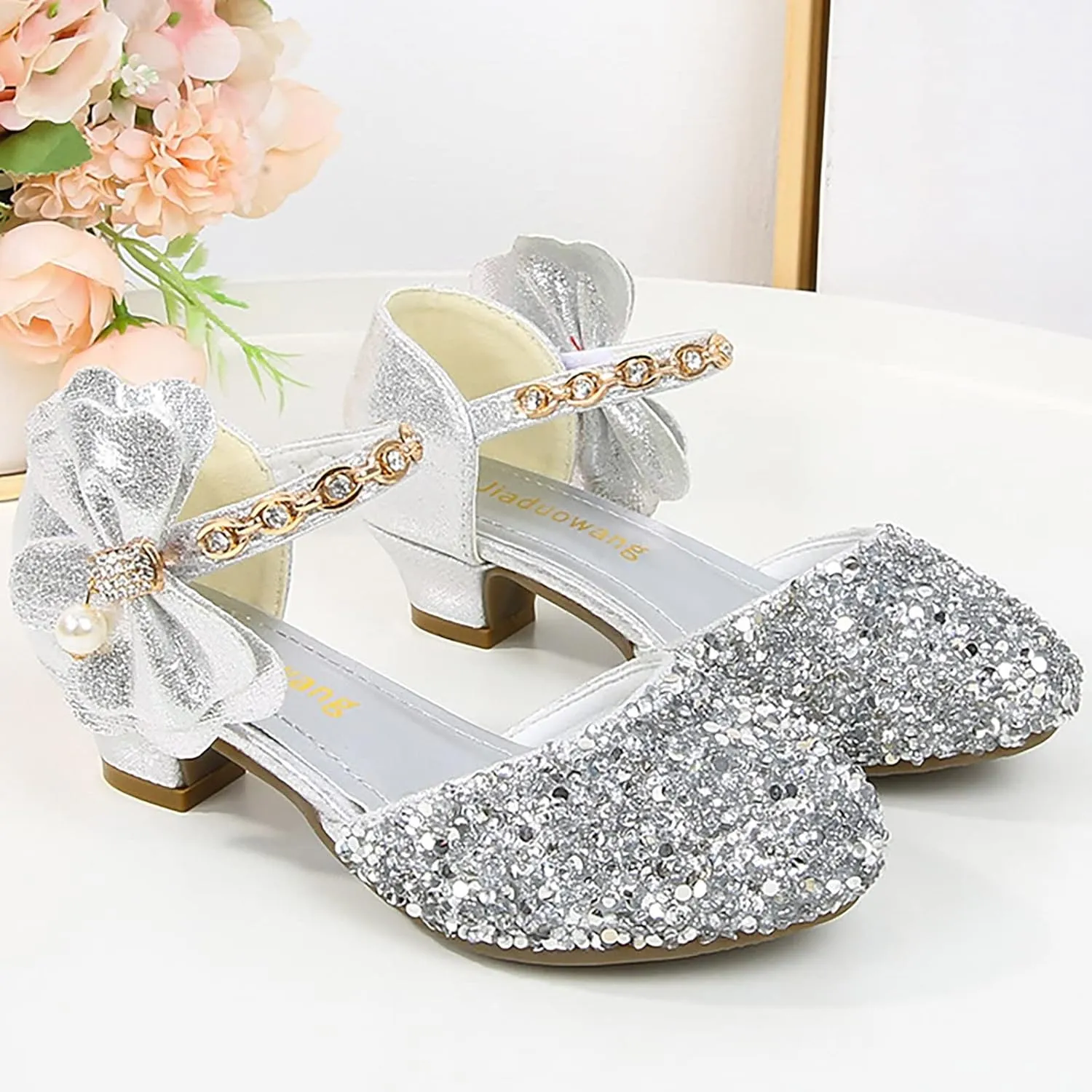 Girls Rhinestones Shining Bows Low Heel Shoes Princess Dress Flower Wedding Party Pump Shoes for Toddler Girls
