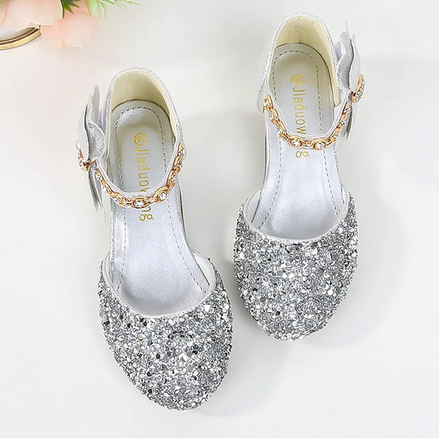 Girls Rhinestones Shining Bows Low Heel Shoes Princess Dress Flower Wedding Party Pump Shoes for Toddler Girls