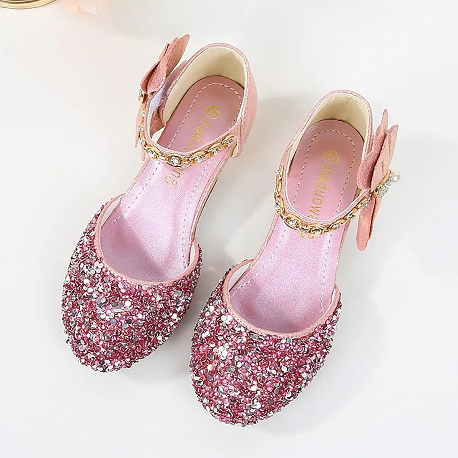 Girls Rhinestones Shining Bows Low Heel Shoes Princess Dress Flower Wedding Party Pump Shoes for Toddler Girls