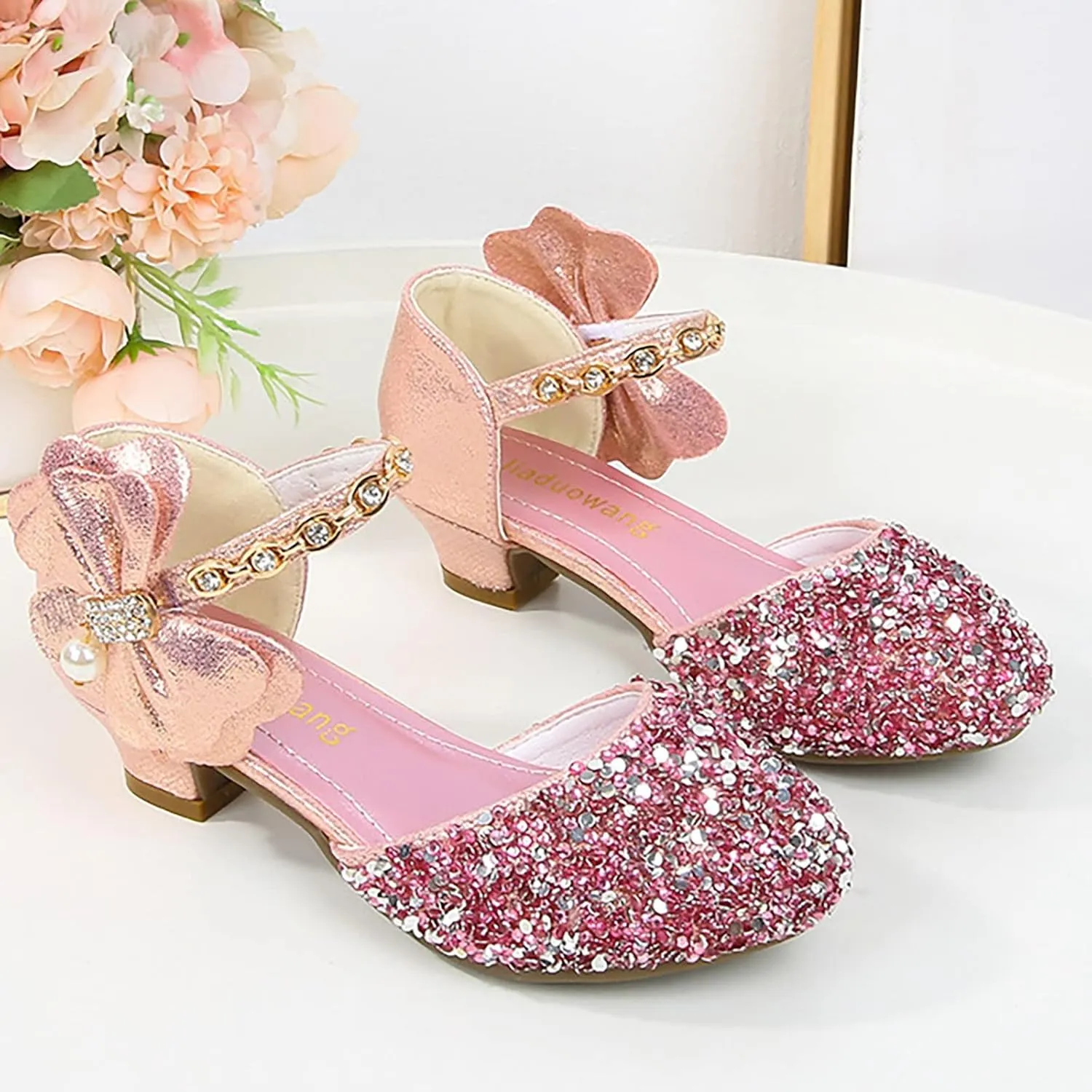 Girls Rhinestones Shining Bows Low Heel Shoes Princess Dress Flower Wedding Party Pump Shoes for Toddler Girls