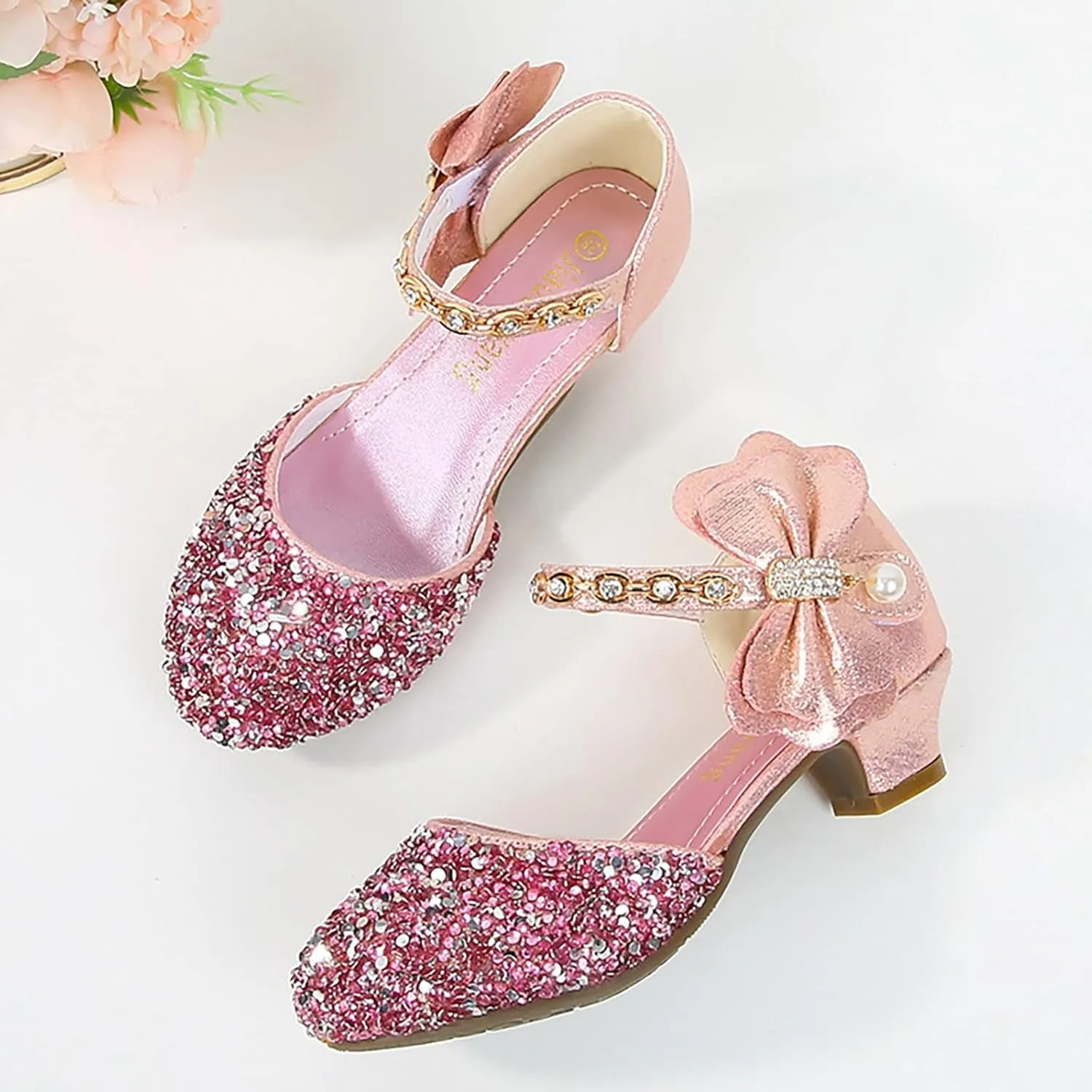 Girls Rhinestones Shining Bows Low Heel Shoes Princess Dress Flower Wedding Party Pump Shoes for Toddler Girls