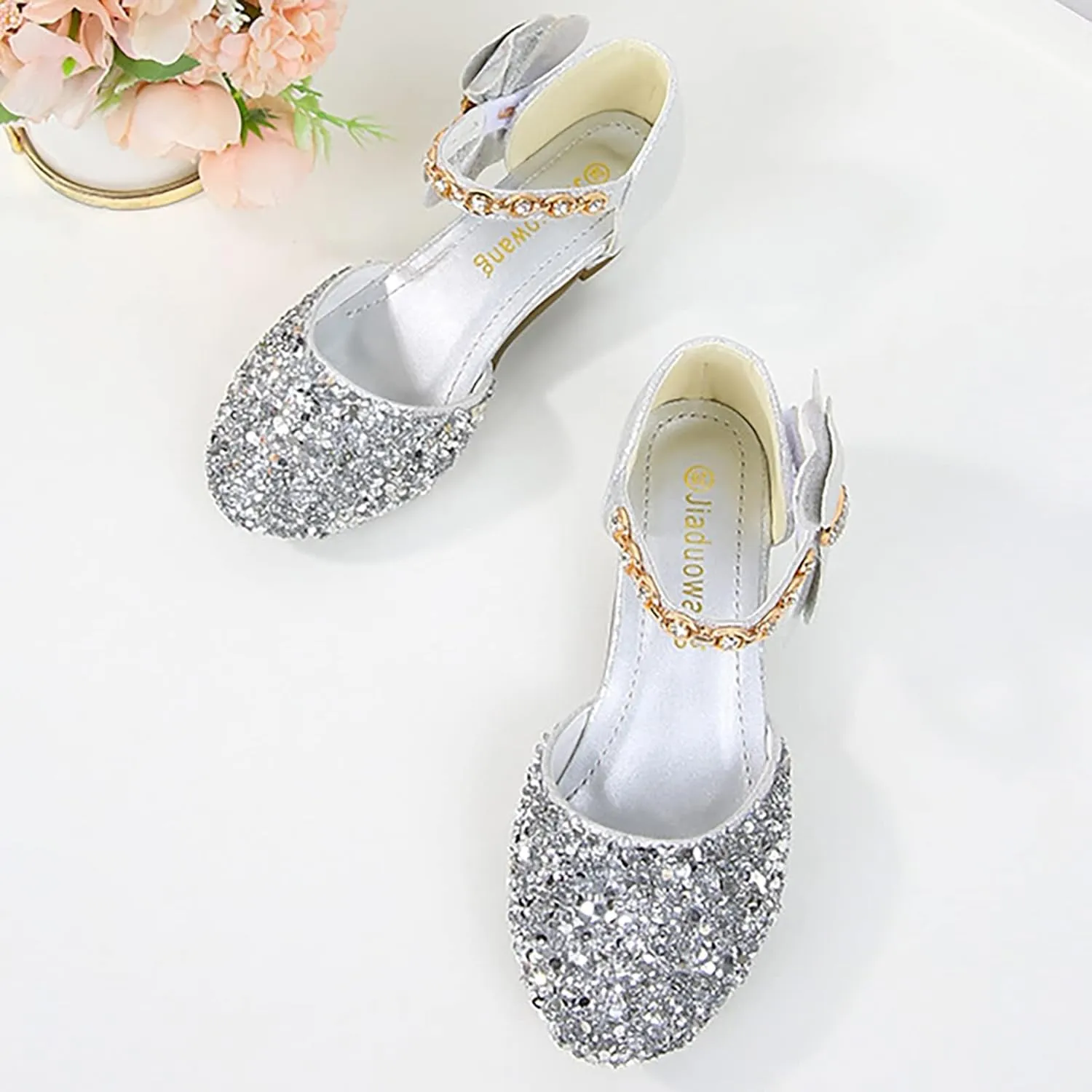 Girls Rhinestones Shining Bows Low Heel Shoes Princess Dress Flower Wedding Party Pump Shoes for Toddler Girls