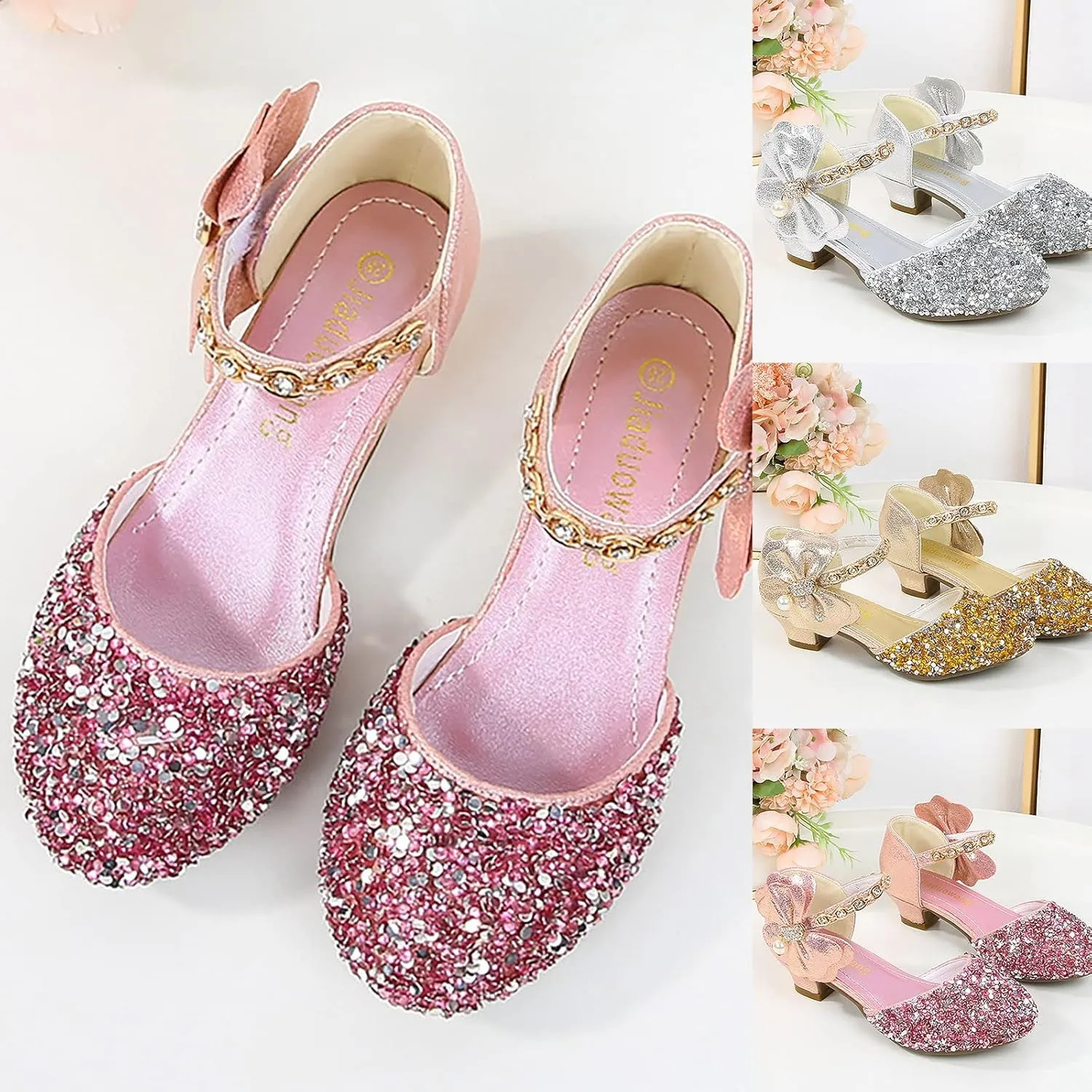 Girls Rhinestones Shining Bows Low Heel Shoes Princess Dress Flower Wedding Party Pump Shoes for Toddler Girls