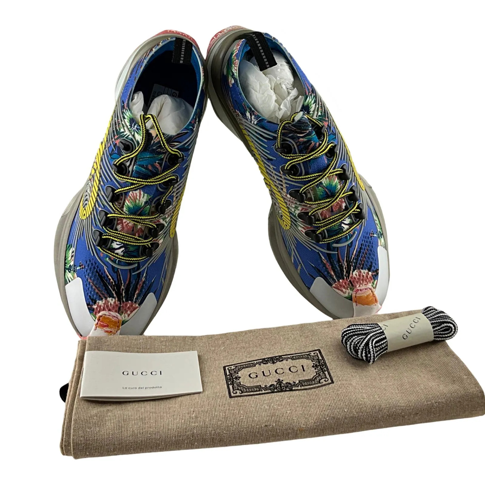 Gucci Men's Run Floral Sneakers Interlocking G Orange Monogram Blue Multi Sz 8