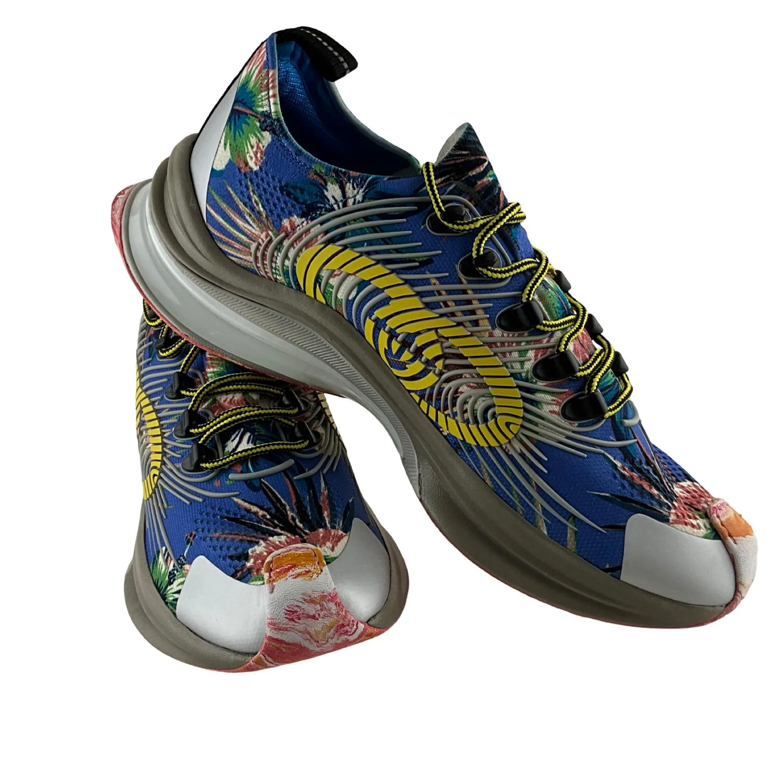 Gucci Men's Run Floral Sneakers Interlocking G Orange Monogram Blue Multi Sz 8