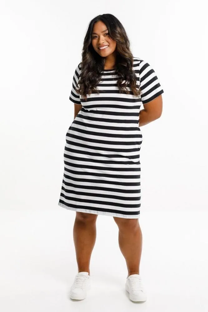 Homelee Taylor Tee Dress Black White Stripes