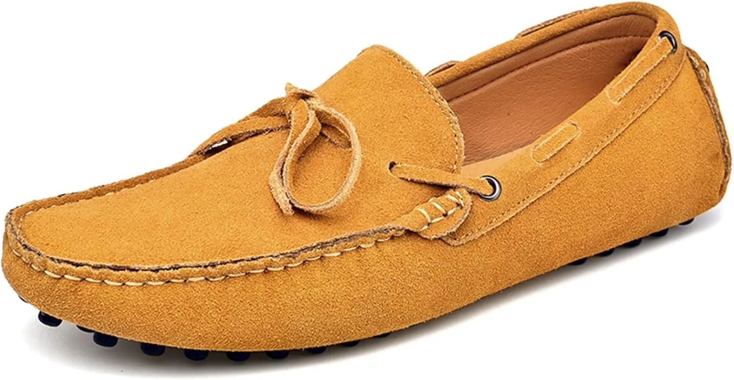 HOOENG Loafer Shoes for Men Deck Shoes 1-Eye Genuine Leather Stitching Details Suede Vamp Flat Heel Flexible Lightweight Resistant Casual Slip on (Color : Khaki, Size : 10)