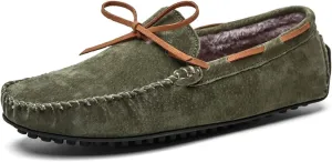 HOOENG Loafer Shoes for Men Deck Shoes Design Suede Vamp Stitching Details Faux Fur Lined Option Flat Heel Comfortable Flexible Resistant Walking Slip on (Color : Dark Green Lined, Size : 12.5)