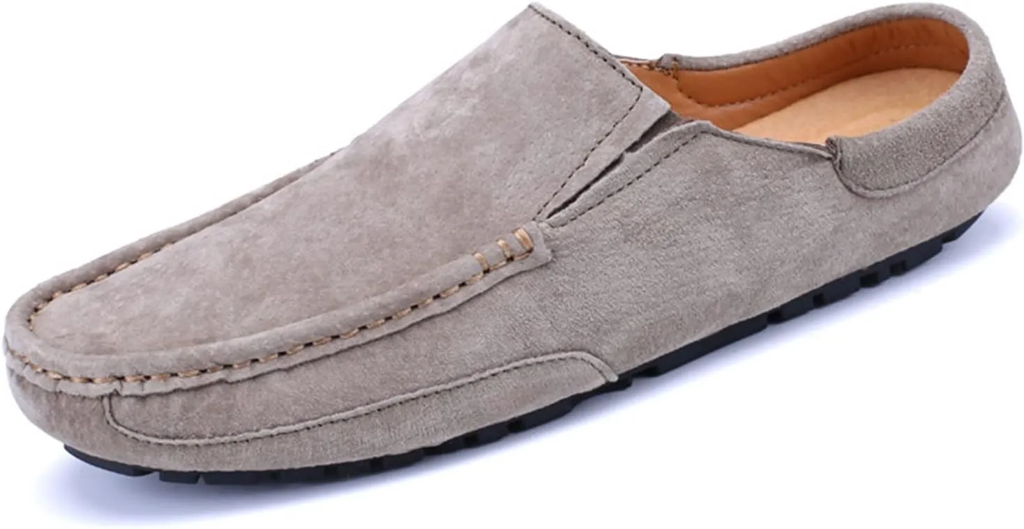 HOOENG Loafer Shoes for Men Genuine Leather Suede Vamp Stitching Details Round Toe Mule Loafer Flat Heel Lightweight Flexible Resistant Anti-Slip Walking (Color : Khaki, Size : 10.5)
