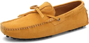 HOOENG Shoes Smoking Loafer for Men Boat Shoes Genuine Leather Stitching Details Round Toe Suede Vamp Lightweight Flat Heel Flexible Anti-Slip Casual (Color : Yellow, Size : 7.5)