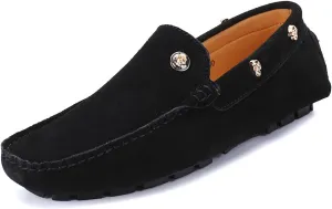 HOOENG Shoes Smoking Loafer for Men Suede Vamp with Rivet Stitching Details Genuine Leather Round Toe Flexible Comfortable Soft Walking Slip on (Color : Black, Size : 7.5 M US)
