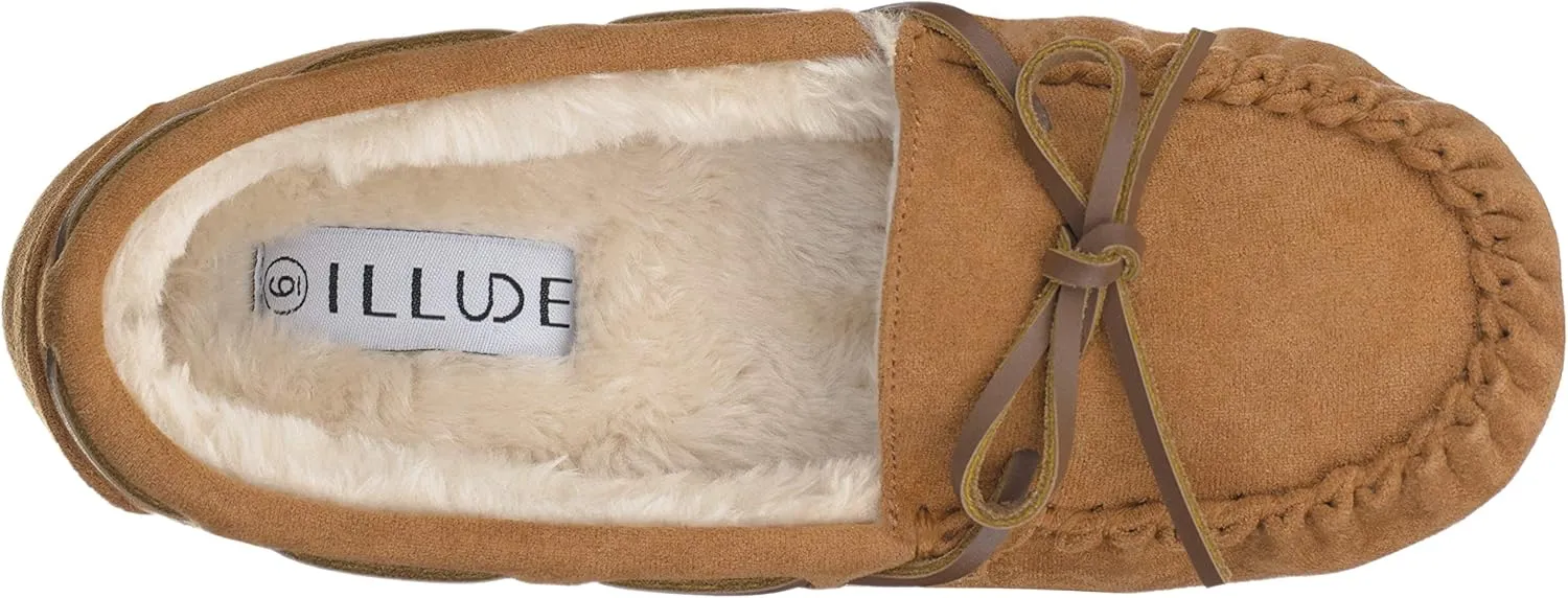 ILLUDE Women??s Moccasin Slipper Vegan Suede Faux Fur Lined Indoor Outdoor Moccasins Slip On Loafers Moccasins Shoes