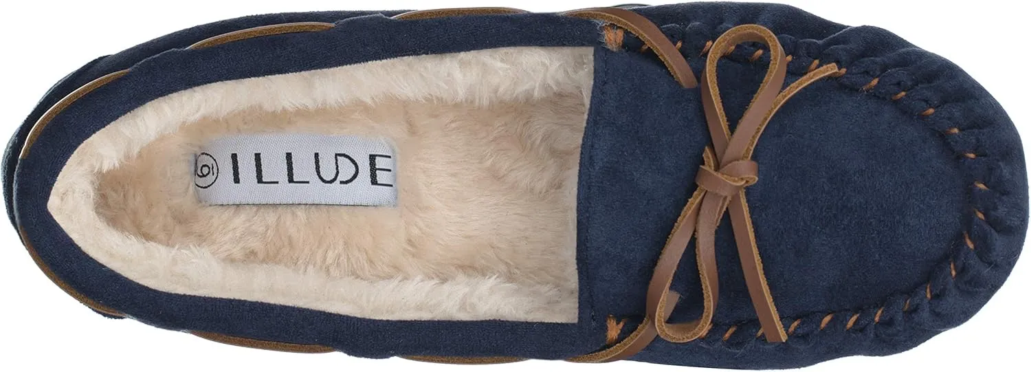 ILLUDE Women??s Moccasin Slipper Vegan Suede Faux Fur Lined Indoor Outdoor Moccasins Slip On Loafers Moccasins Shoes