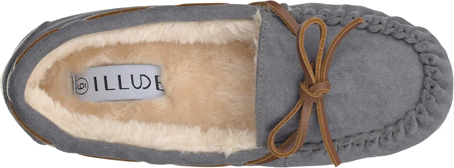 ILLUDE Women??s Moccasin Slipper Vegan Suede Faux Fur Lined Indoor Outdoor Moccasins Slip On Loafers Moccasins Shoes