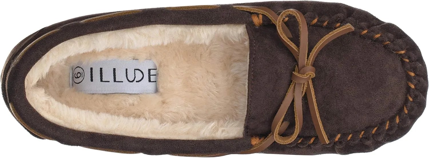 ILLUDE Women??s Moccasin Slipper Vegan Suede Faux Fur Lined Indoor Outdoor Moccasins Slip On Loafers Moccasins Shoes