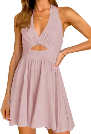 Inorin Womens Summer Sleeveless Halter V Neck Backless Cut Out Sexy Casual Party Swing Flared Mini Dress