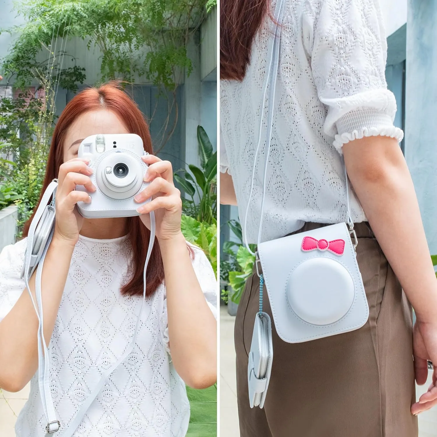 Instant Camera Case Compatible with Fujifilm Instax Mini 12, Adorable Bowknot PU Leather Camera Bag Bundled with a Mini Photo Album - Bowknot White