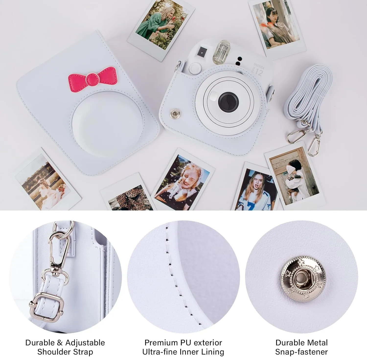Instant Camera Case Compatible with Fujifilm Instax Mini 12, Adorable Bowknot PU Leather Camera Bag Bundled with a Mini Photo Album - Bowknot White