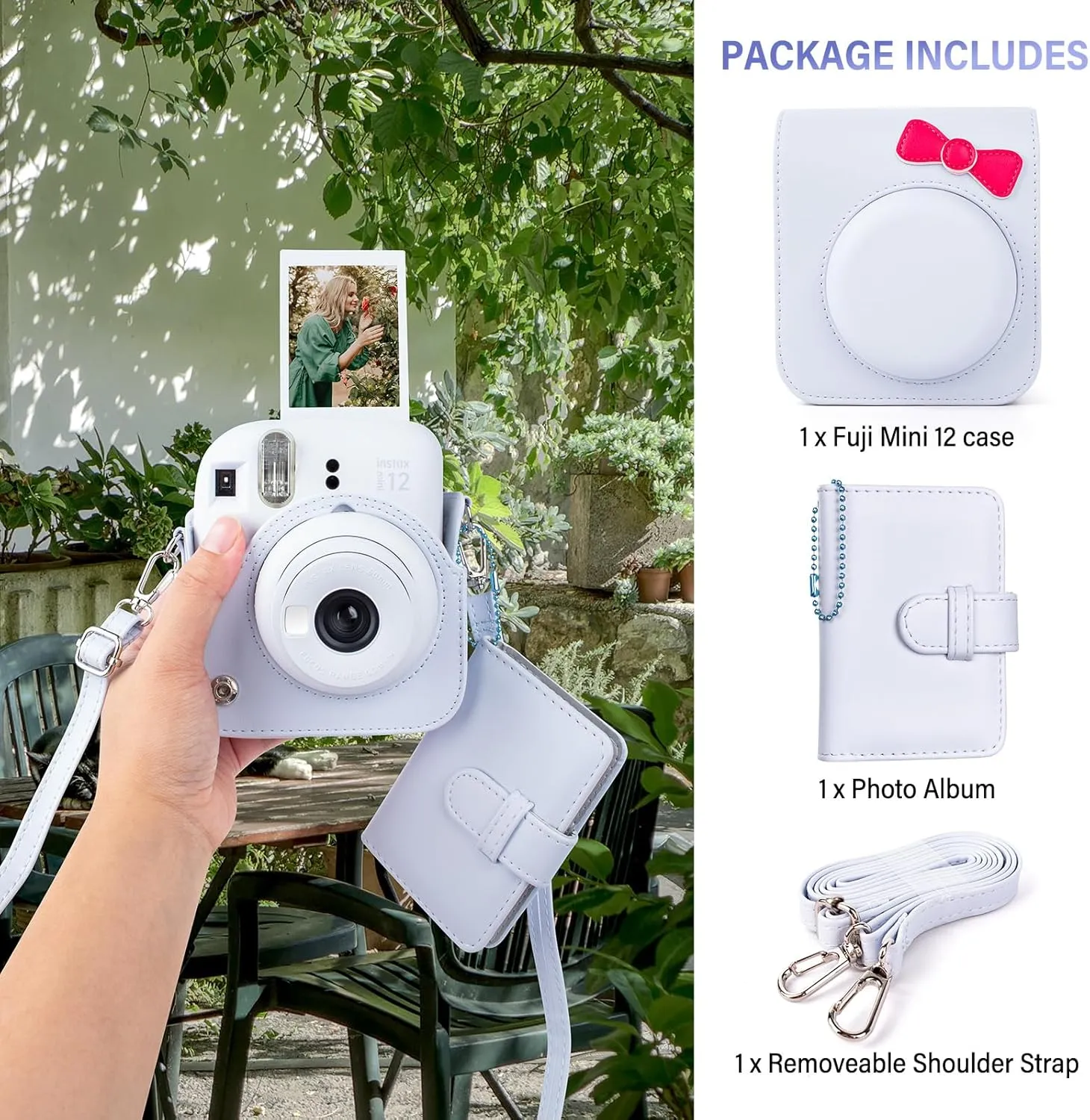 Instant Camera Case Compatible with Fujifilm Instax Mini 12, Adorable Bowknot PU Leather Camera Bag Bundled with a Mini Photo Album - Bowknot White