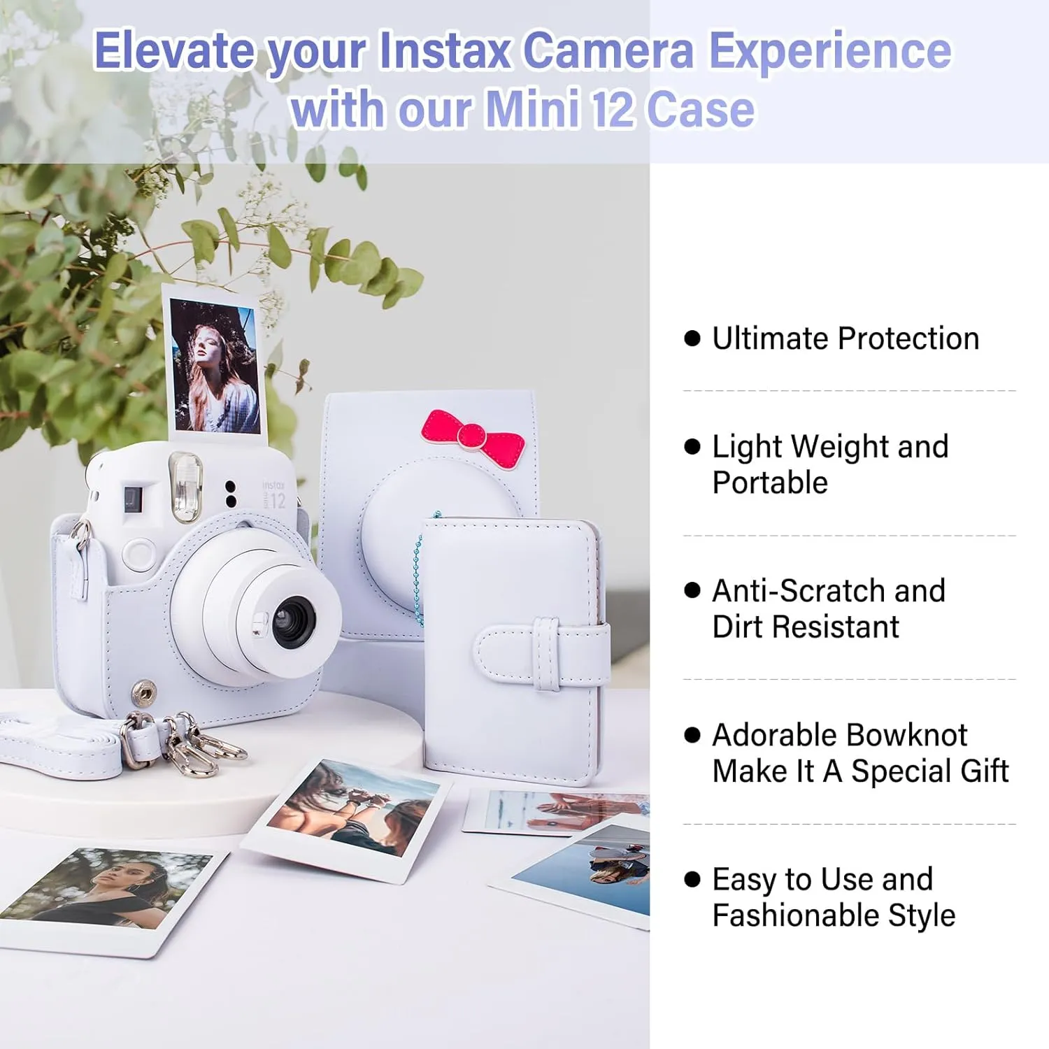 Instant Camera Case Compatible with Fujifilm Instax Mini 12, Adorable Bowknot PU Leather Camera Bag Bundled with a Mini Photo Album - Bowknot White
