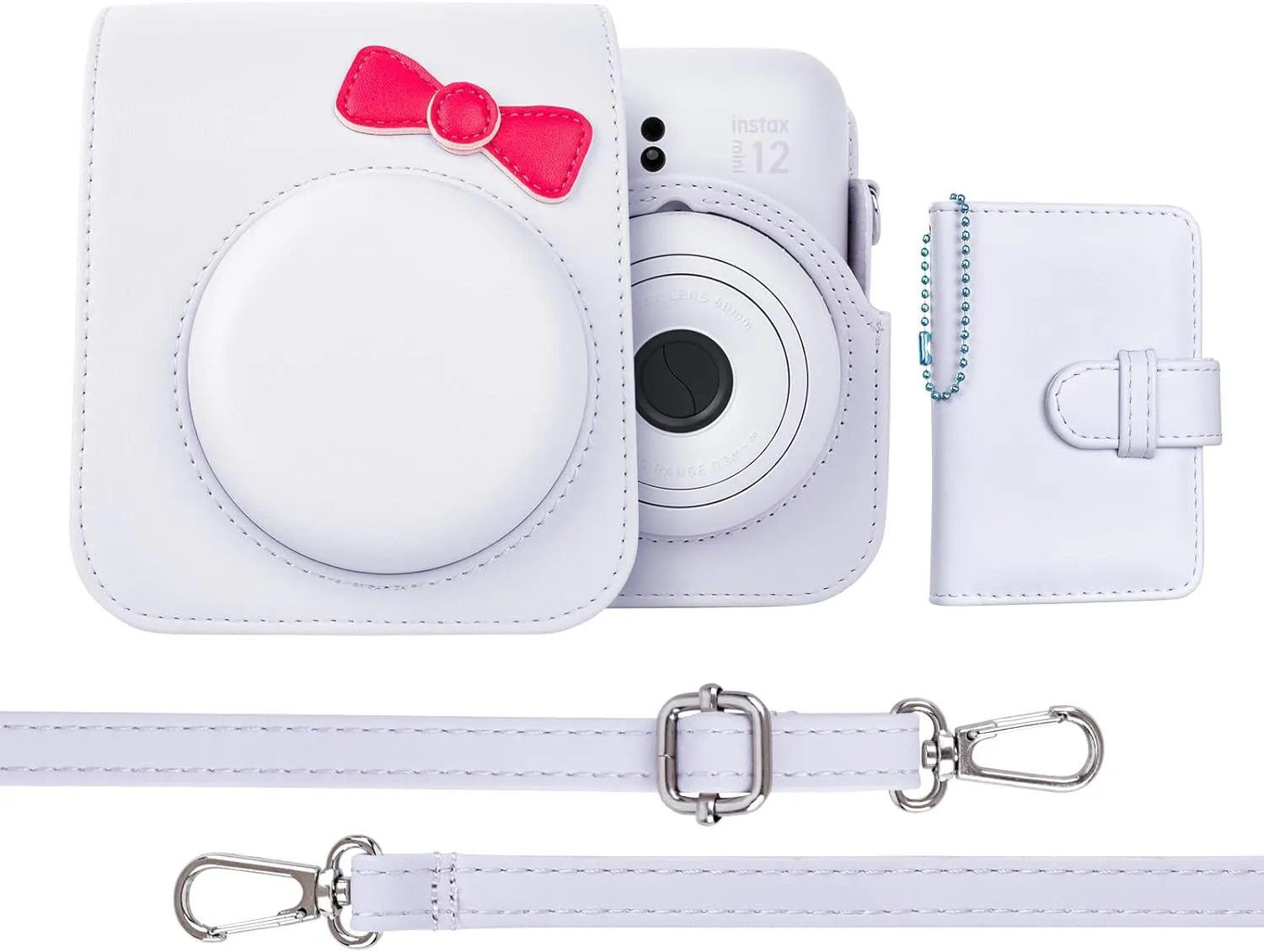 Instant Camera Case Compatible with Fujifilm Instax Mini 12, Adorable Bowknot PU Leather Camera Bag Bundled with a Mini Photo Album - Bowknot White
