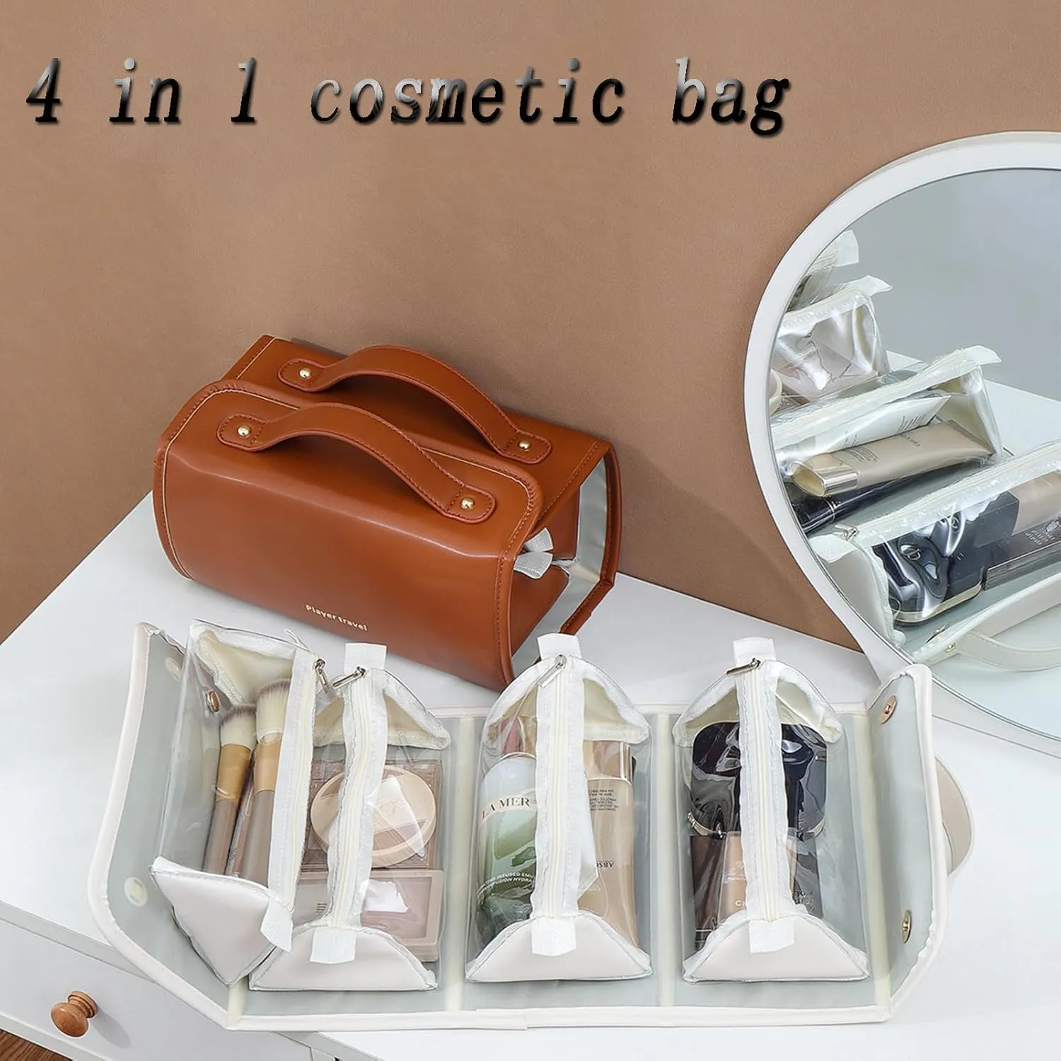 Kaylines Leather Waterproof Cosmetic Bag, Kaylines Cosmetic Bag, Kaylines Waterproof Makeup Bag, Leather Waterproof Cosmetic Bag Detachable 4 in 1 Travel Toiletry Bag for Women (White)