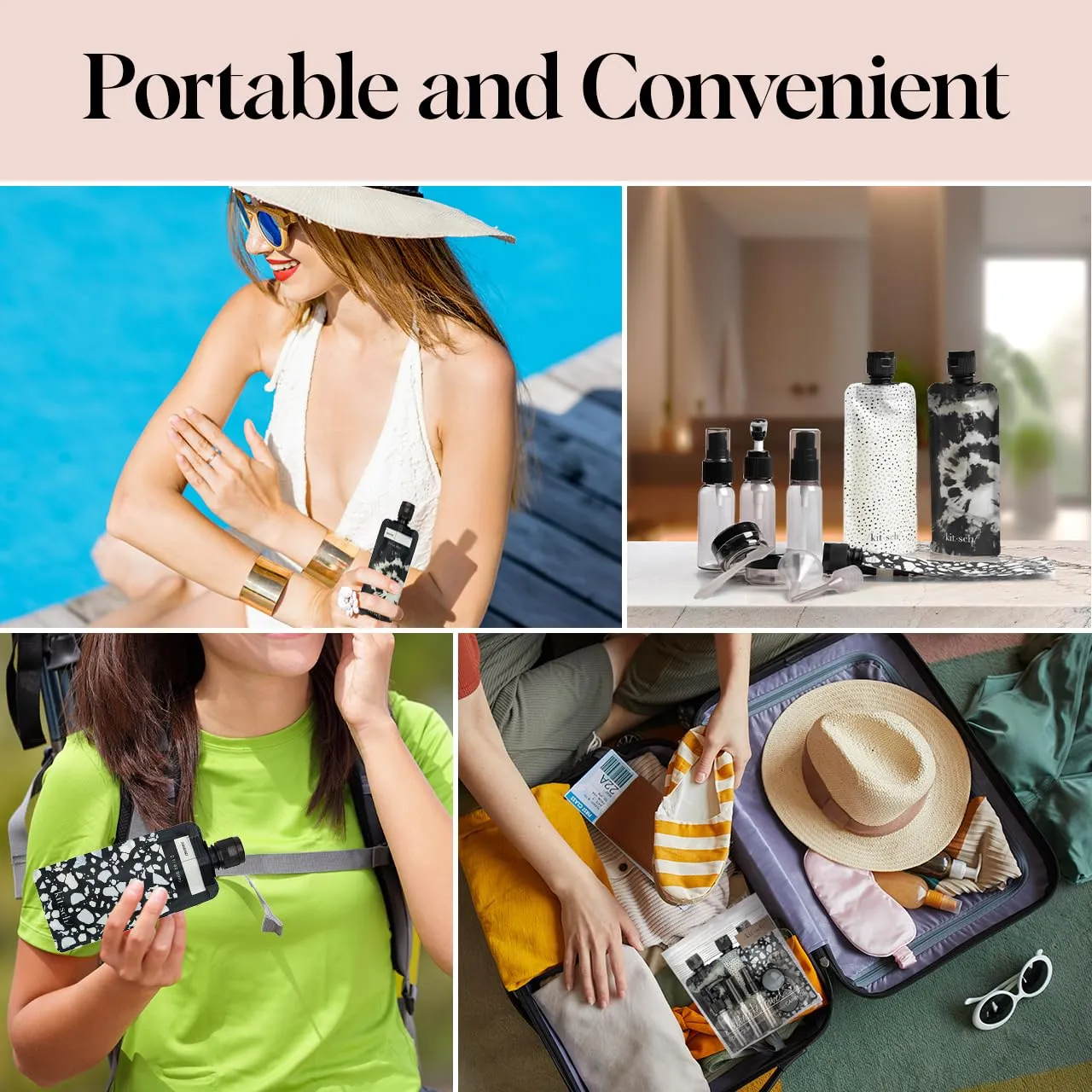 Kitsch 11 PCS Travel Bottles for Toiletries  Travel Essentials Kit for Shampoo, Conditioner, Lotion & More - TSA Approved Travel Bottles, Leak-Proof Refillable Travel Size Containers - Black & Ivory