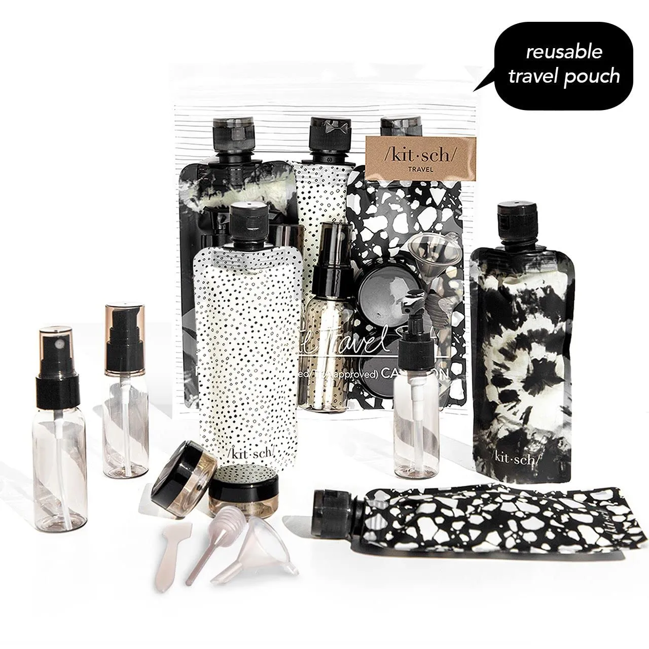 Kitsch 11 PCS Travel Bottles for Toiletries  Travel Essentials Kit for Shampoo, Conditioner, Lotion & More - TSA Approved Travel Bottles, Leak-Proof Refillable Travel Size Containers - Black & Ivory