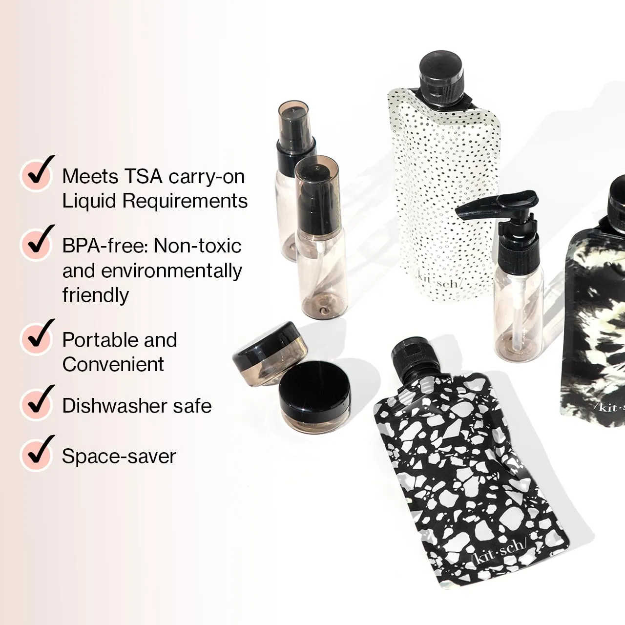 Kitsch 11 PCS Travel Bottles for Toiletries  Travel Essentials Kit for Shampoo, Conditioner, Lotion & More - TSA Approved Travel Bottles, Leak-Proof Refillable Travel Size Containers - Black & Ivory