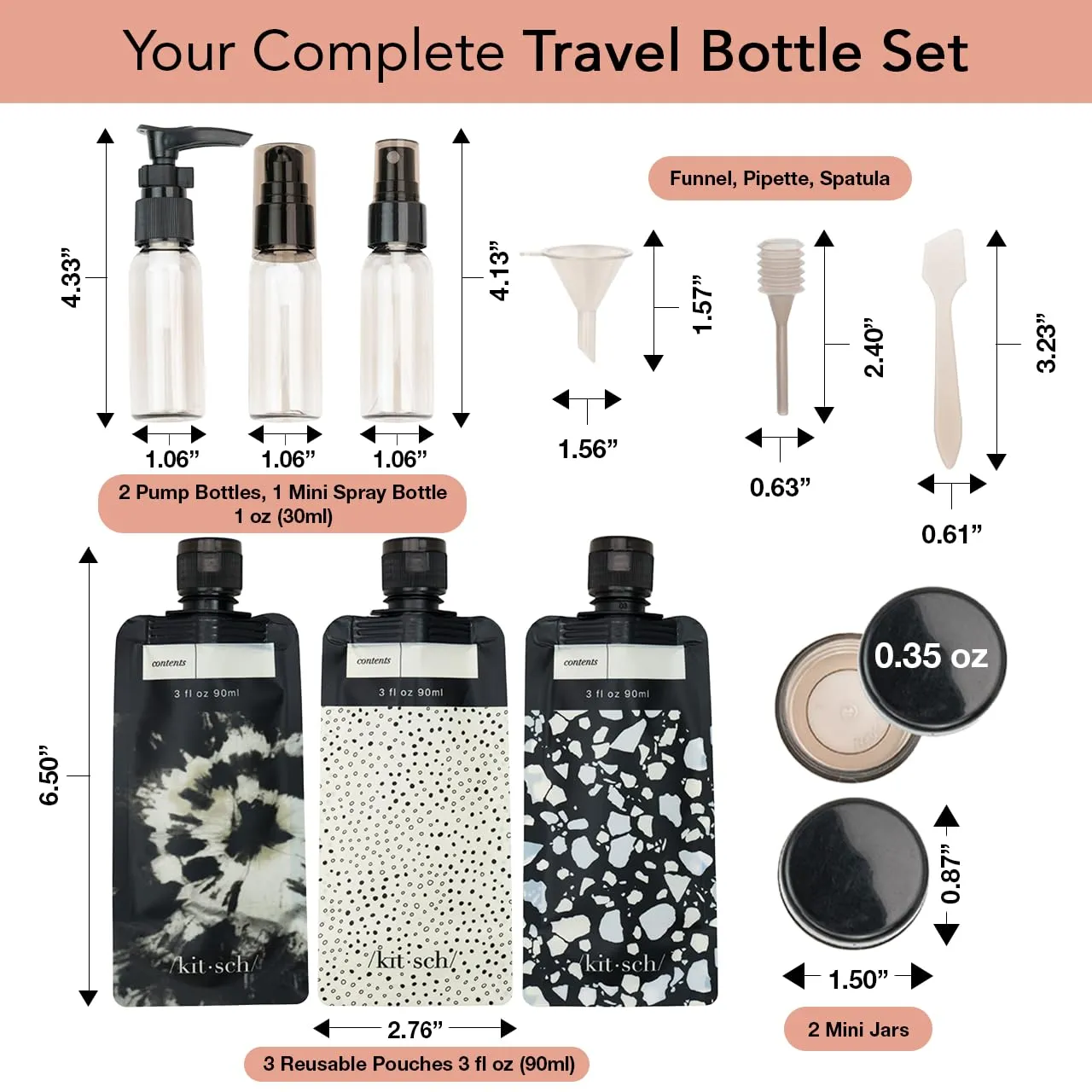 Kitsch 11 PCS Travel Bottles for Toiletries  Travel Essentials Kit for Shampoo, Conditioner, Lotion & More - TSA Approved Travel Bottles, Leak-Proof Refillable Travel Size Containers - Black & Ivory