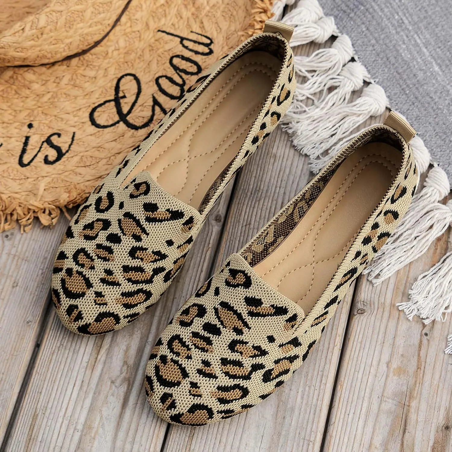 Ladies Colour Blocking Round Head Printing Shallow Mouth Flat Bottom Casual Comfortable New Shoes Leather Casual Women