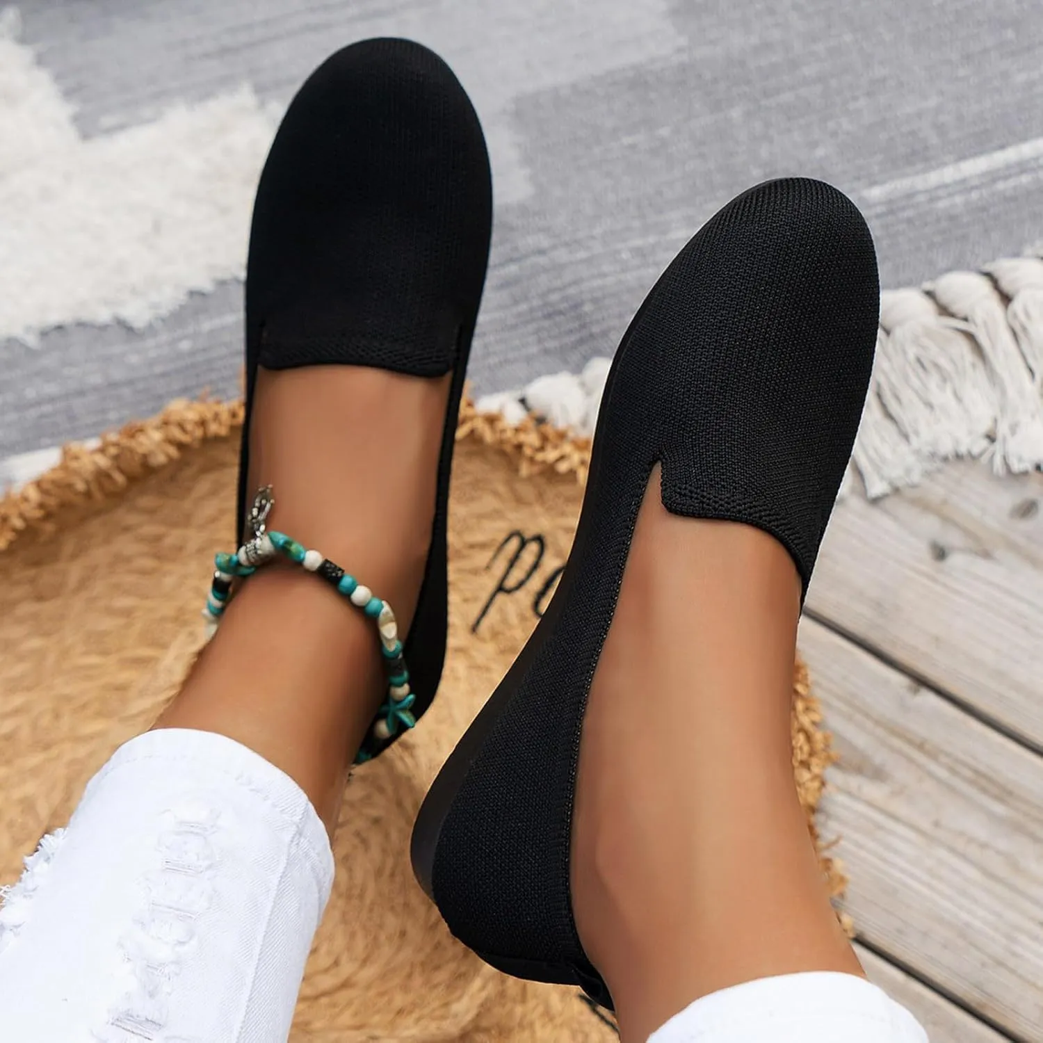 Ladies Colour Blocking Round Head Printing Shallow Mouth Flat Bottom Casual Comfortable New Shoes Leather Casual Women