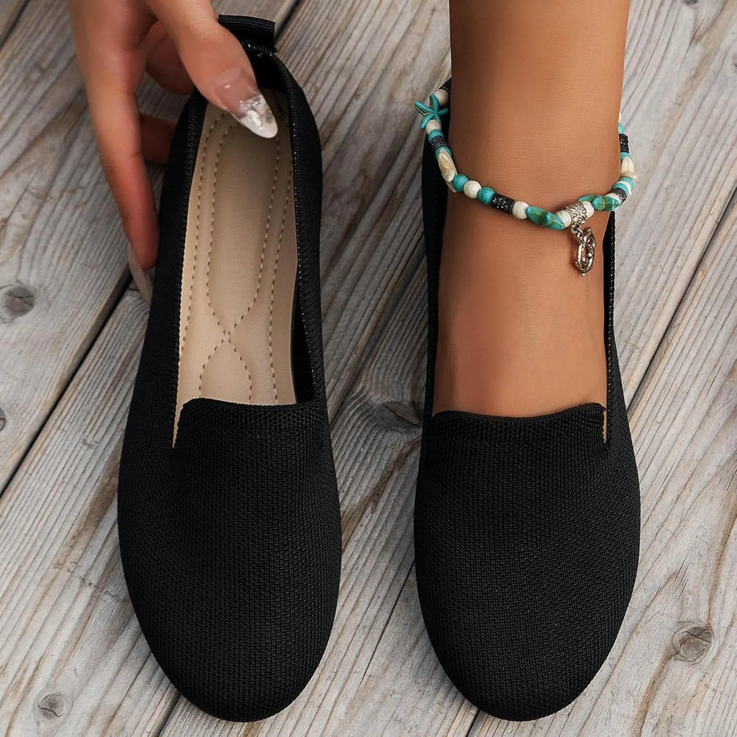 Ladies Colour Blocking Round Head Printing Shallow Mouth Flat Bottom Casual Comfortable New Shoes Leather Casual Women