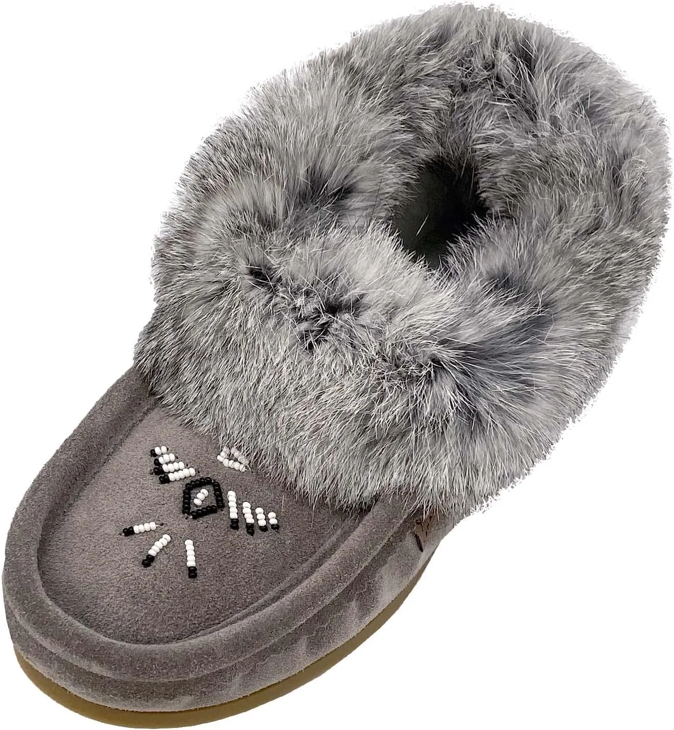 Laurentian Chief Women's Suede Slippers Rabbit Fur Collar Soft Sole Moccasins