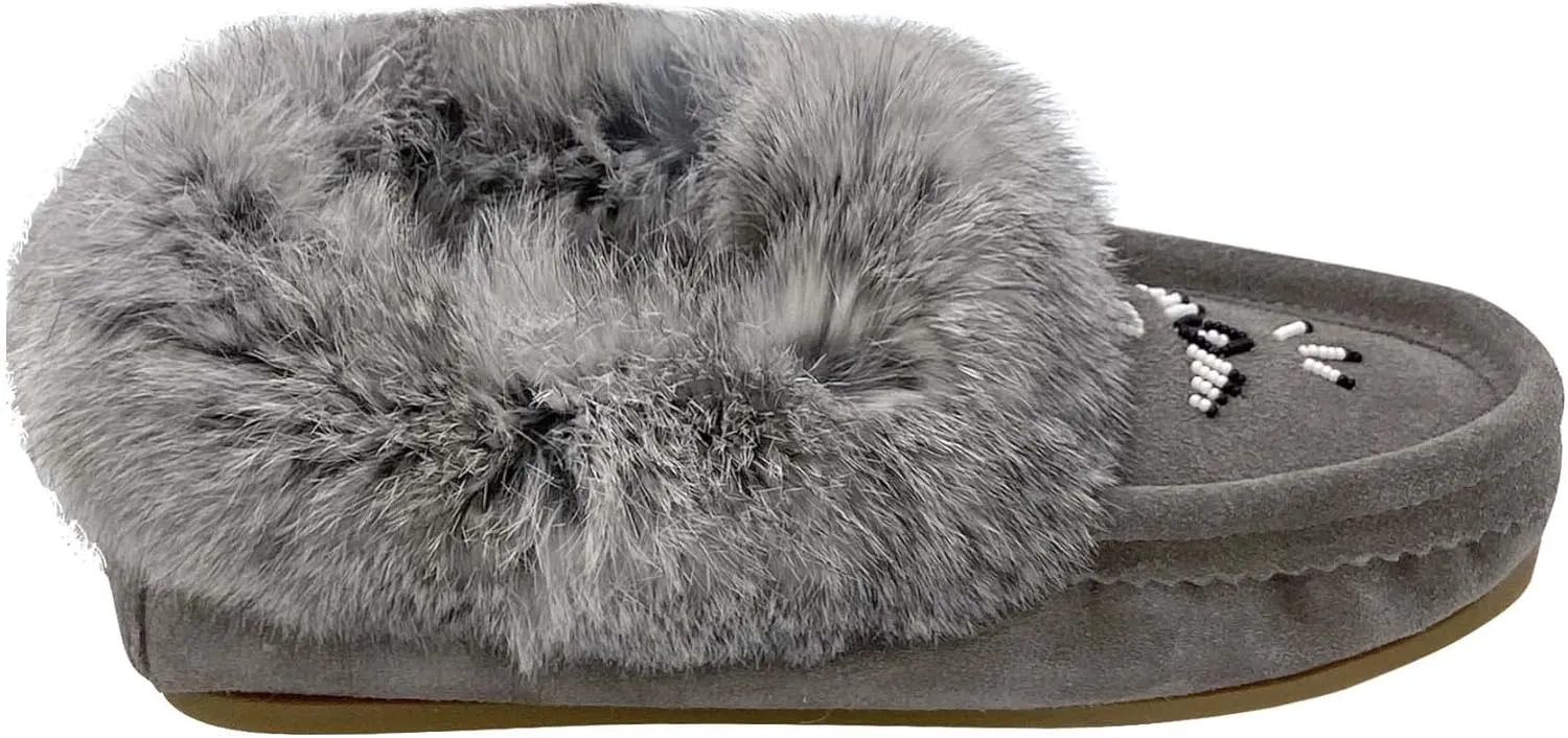 Laurentian Chief Women's Suede Slippers Rabbit Fur Collar Soft Sole Moccasins