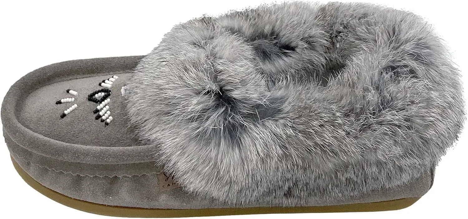 Laurentian Chief Women's Suede Slippers Rabbit Fur Collar Soft Sole Moccasins