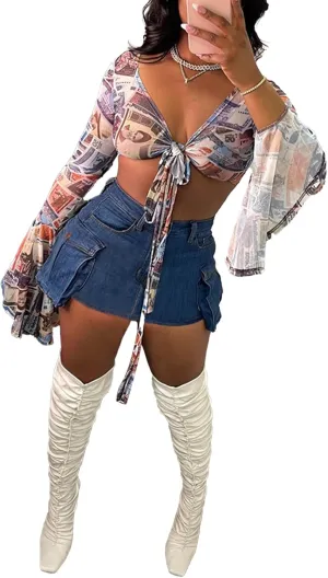 LETSVDO Women's Denim Skorts Skirts High Waisted Y2k Pleated Ruffle A Line Frayed Flare Sexy Jean Mini Skirt Shorts