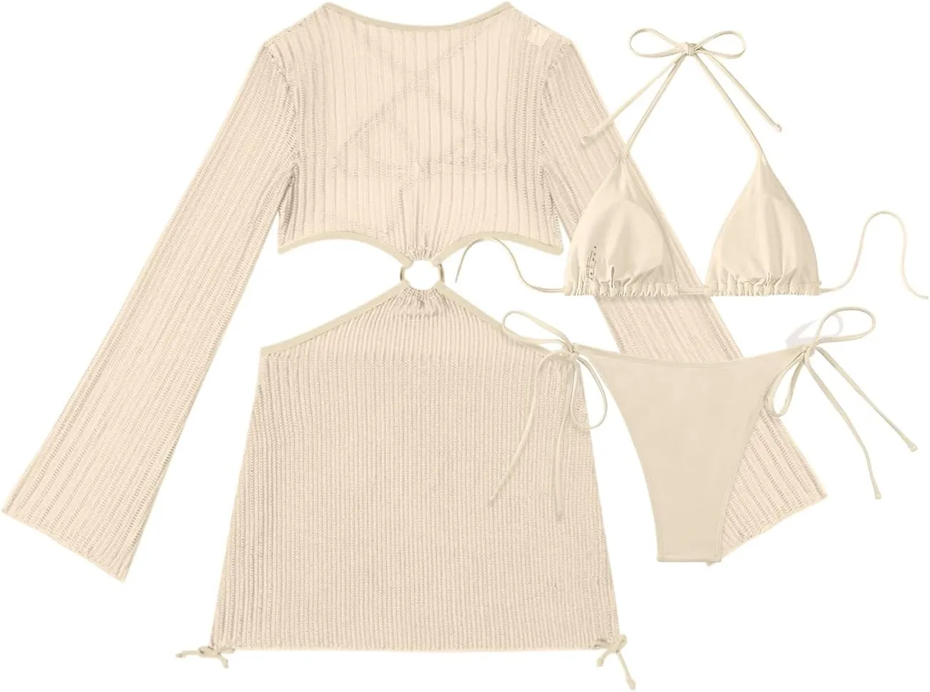 Lilosy Sexy Long Sleeve Cutout Swimwear Cover Ups Top Bottom 3 Piece Set