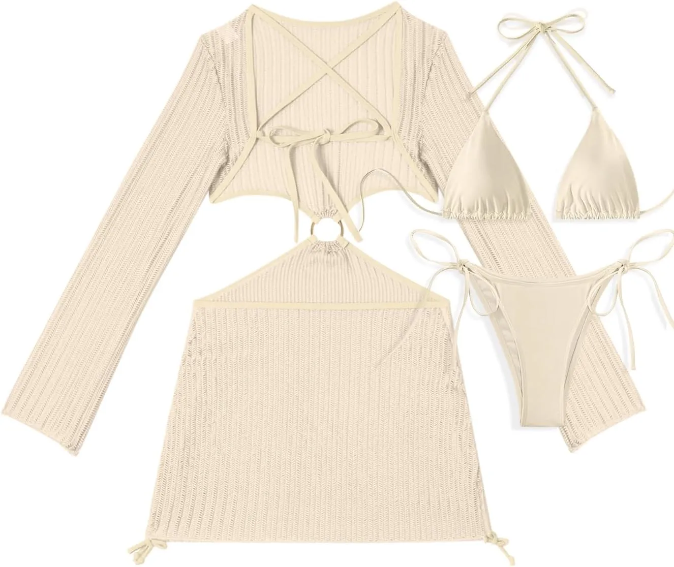 Lilosy Sexy Long Sleeve Cutout Swimwear Cover Ups Top Bottom 3 Piece Set