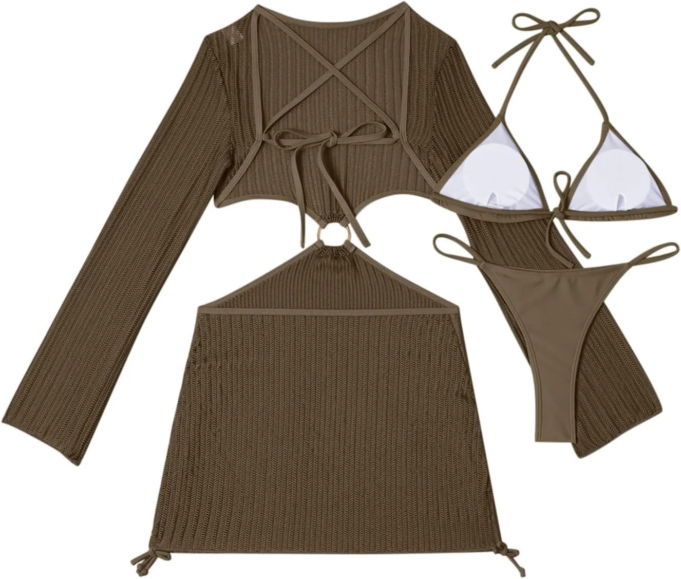 Lilosy Sexy Long Sleeve Cutout Swimwear Cover Ups Top Bottom 3 Piece Set