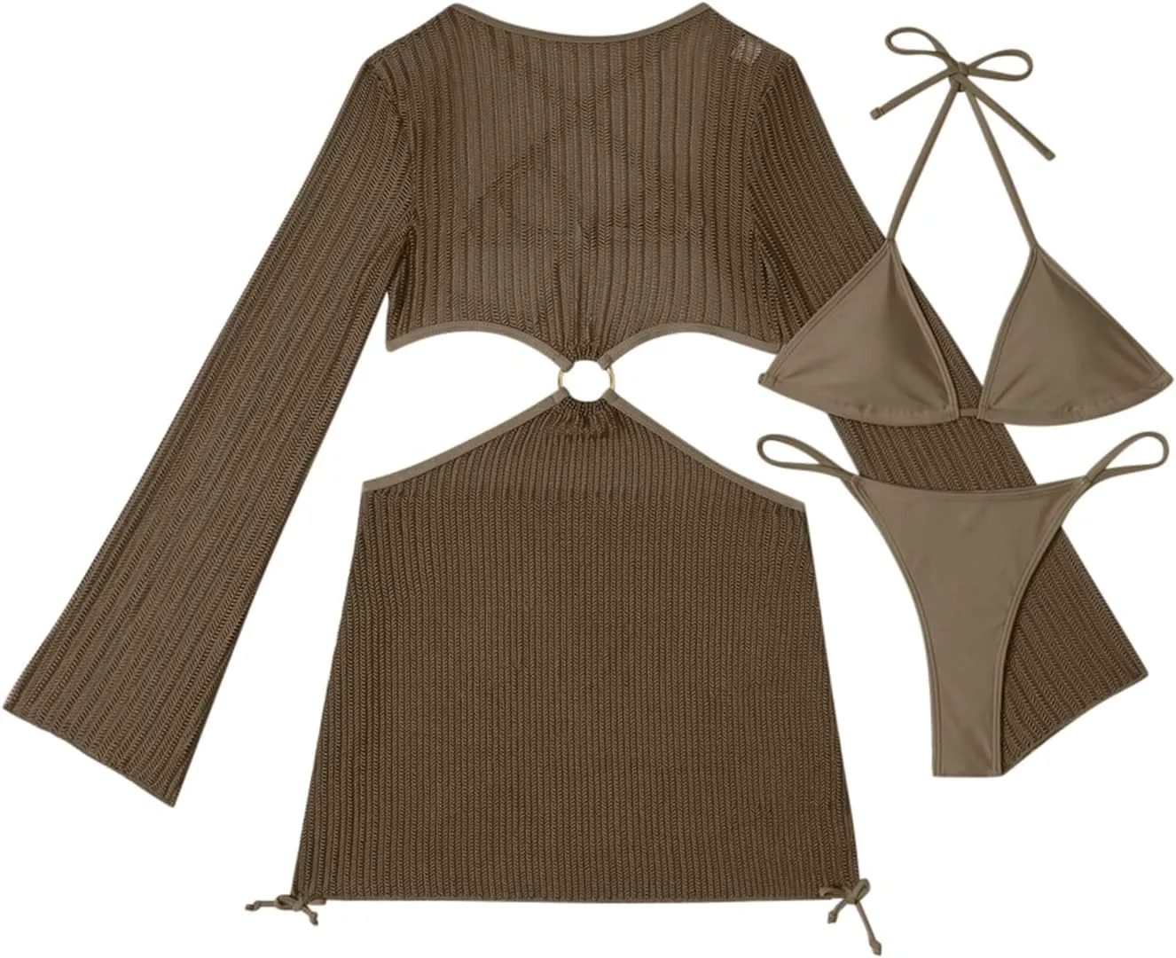 Lilosy Sexy Long Sleeve Cutout Swimwear Cover Ups Top Bottom 3 Piece Set