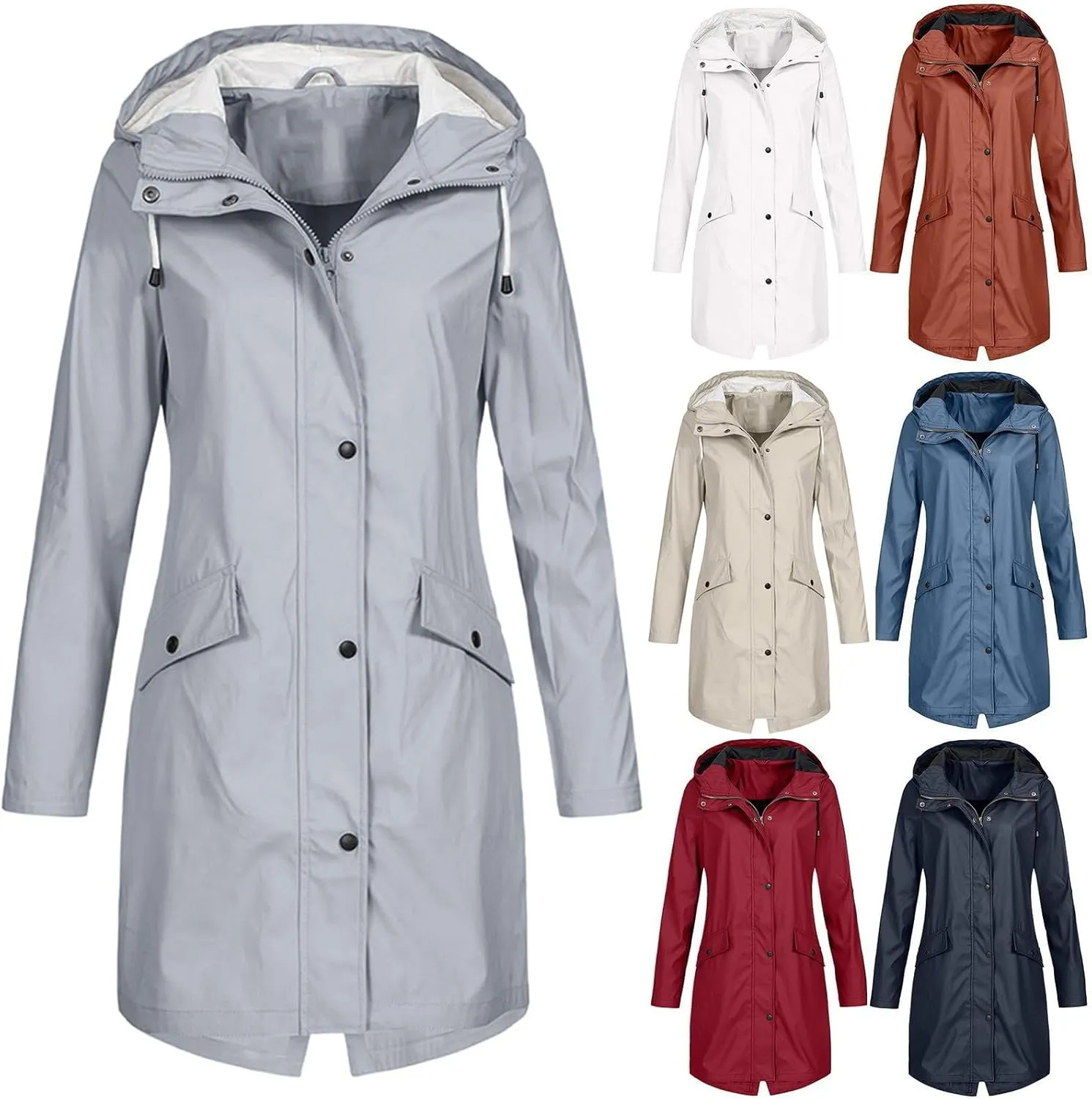 Long Rain Coat for Women Waterproof Zip Up Outdoor Travel Climbing Hiking Jackets Hooded Windbreaker Trench Coat