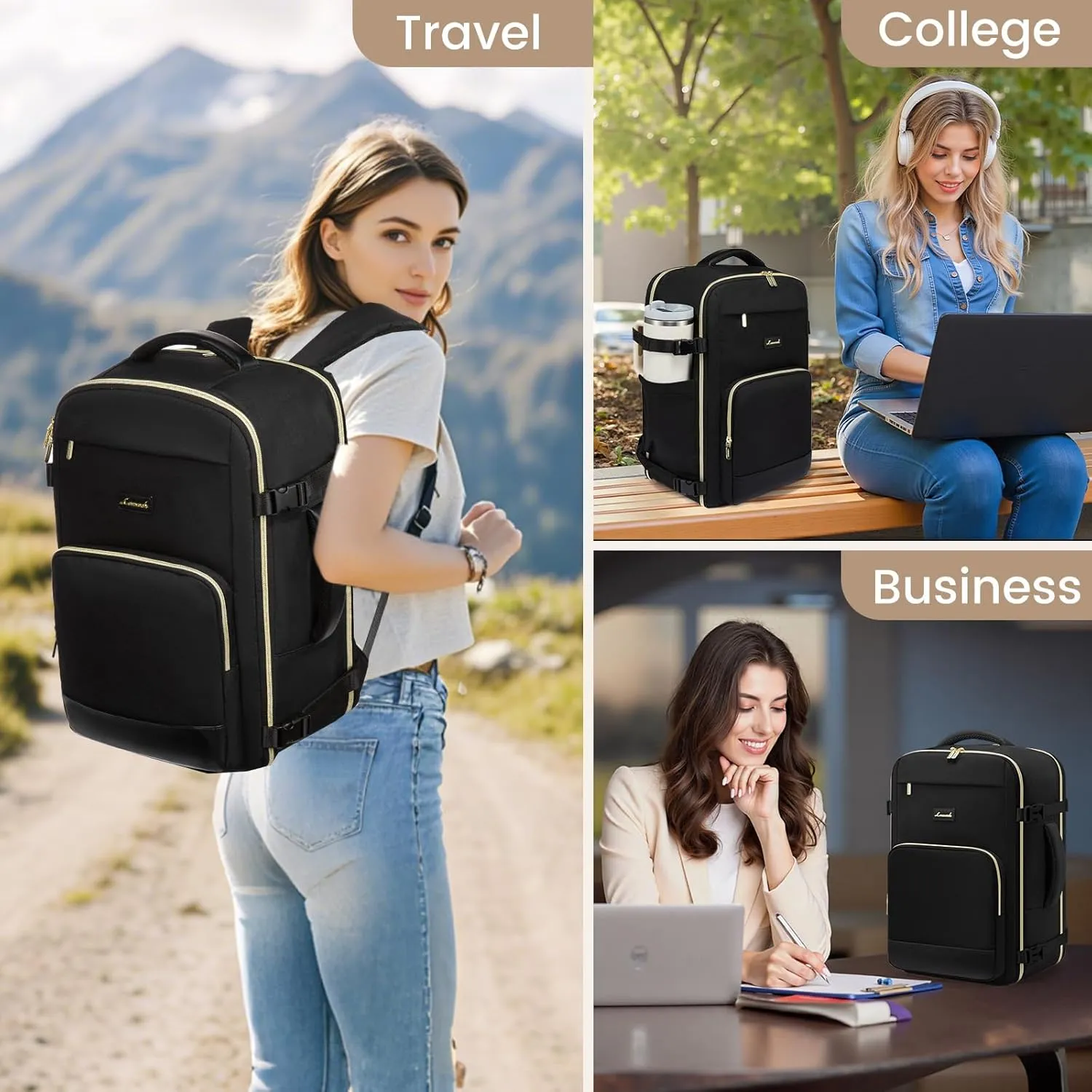 LOVEVOOK Travel Backpack for Women,40L Carry On Backpack Flight Approved,TSA Personal Item Travel Bag Fits 17.3" Laptop with 3 Packing Cubes,Large Waterproof Weekender Daypack,BLack
