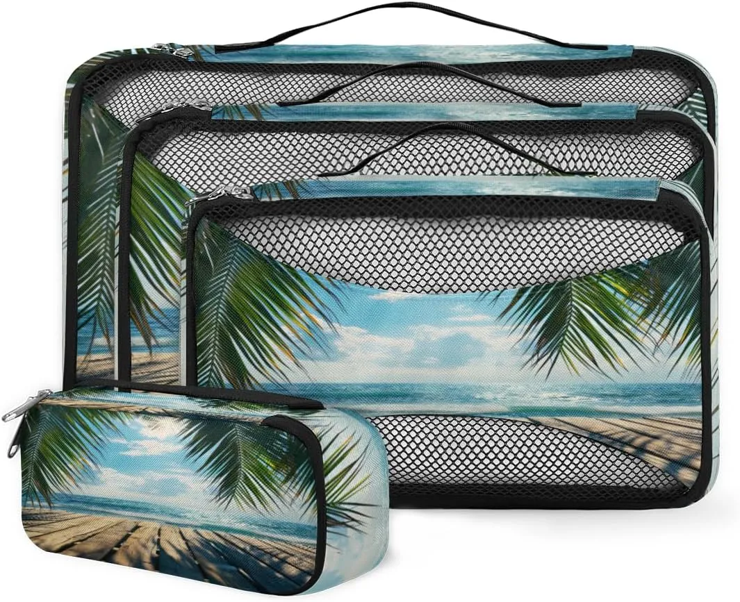 Luggage Organizers Packing Cubes 4 Set for Travel Bag Compression Packing Cubes for Travel Carry On Leaf Beach Hawaii Lightweight Vacation Travel Essentials Suitcase Organizer