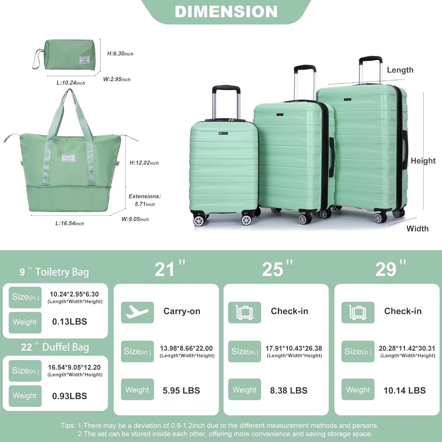Luggage Set of 5 pieces, Expandable Hard PC Suitcase Set with TSA Lock for rotating wheels, Lightweight Rolling Luggage for Men and Women (Light Green)