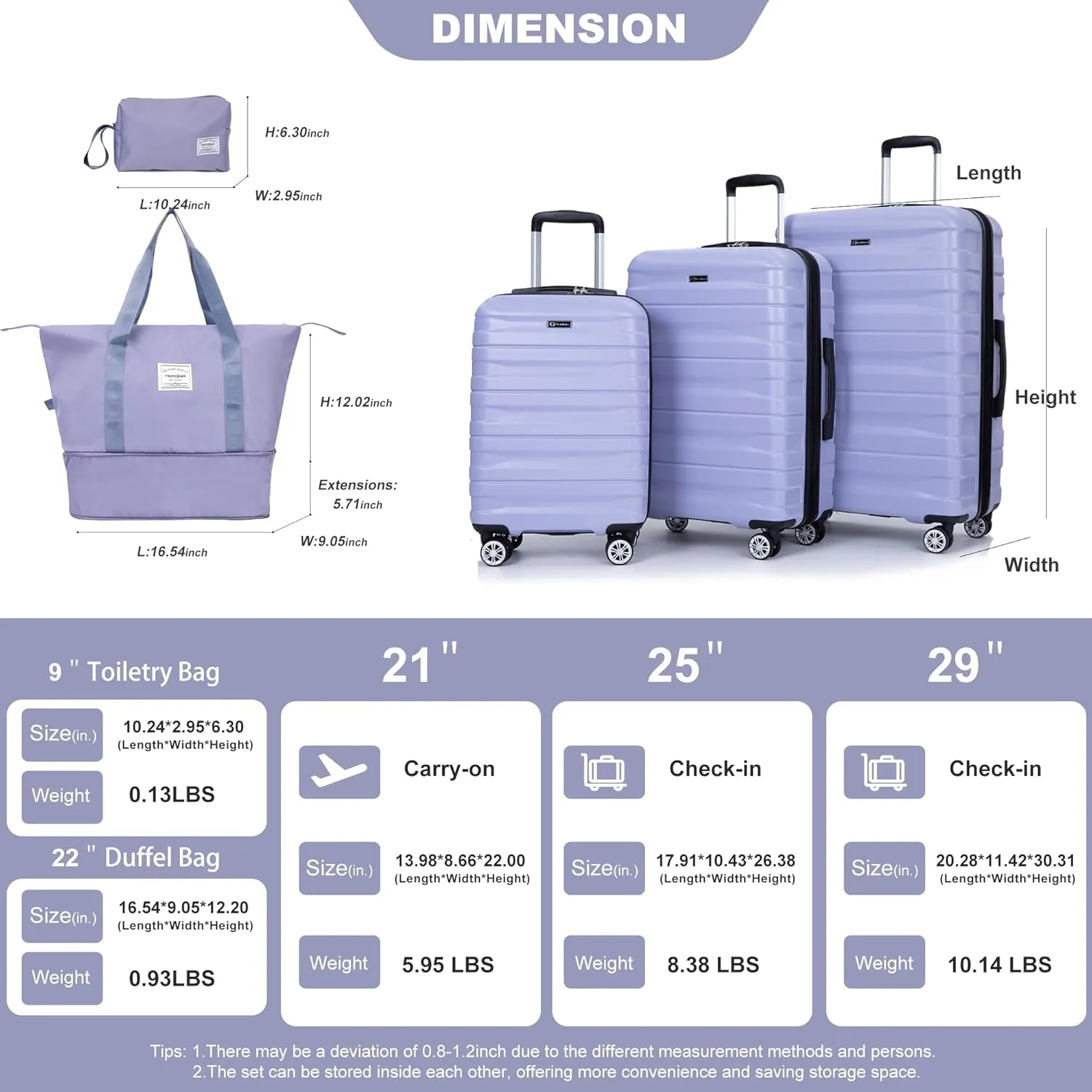 Luggage Set of 5 pieces, Expandable Hard PC Suitcase Set with TSA Lock for rotating wheels, Lightweight Rolling Luggage for Men and Women (Light Purple)