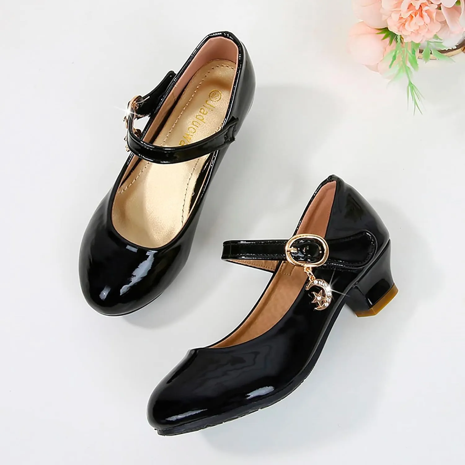 Mary Jane Heels Shoes for Girls Low Heel Dress Shoes Flower Kids School Patent Leather Faux Shoes for Wedding Party