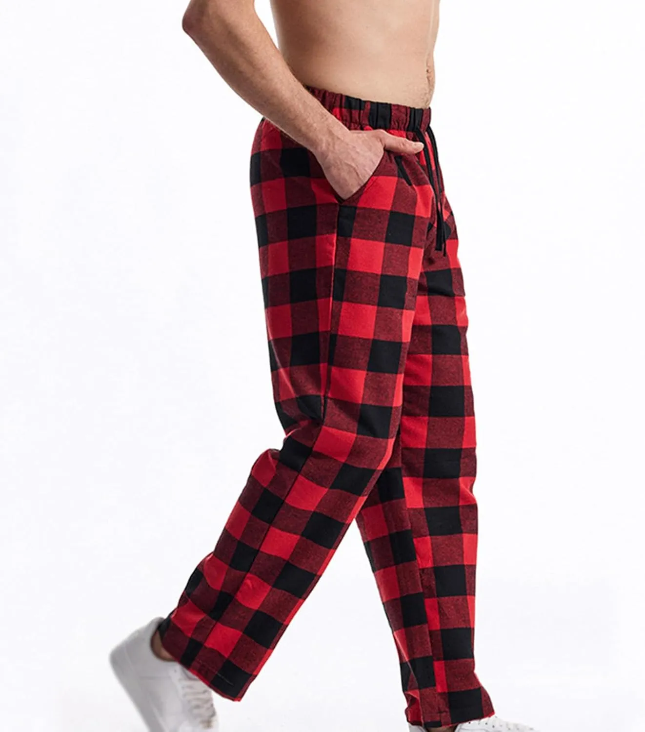 Mens Casual Plaid Trousers Drawstring Waist Straight-Leg Pants Stylish Comfy Open Bottom Trouser Athletic Basic Pants