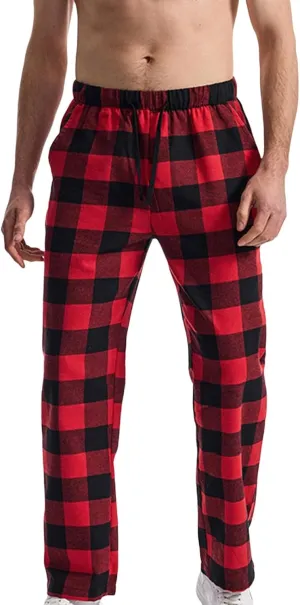 Mens Casual Plaid Trousers Drawstring Waist Straight-Leg Pants Stylish Comfy Open Bottom Trouser Athletic Basic Pants
