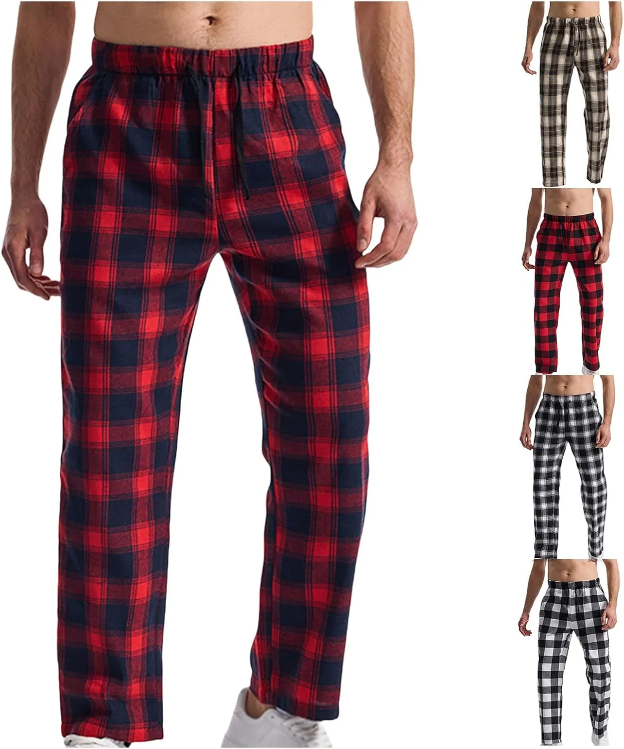 Mens Casual Plaid Trousers Drawstring Waist Straight-Leg Pants Stylish Comfy Open Bottom Trouser Athletic Basic Pants